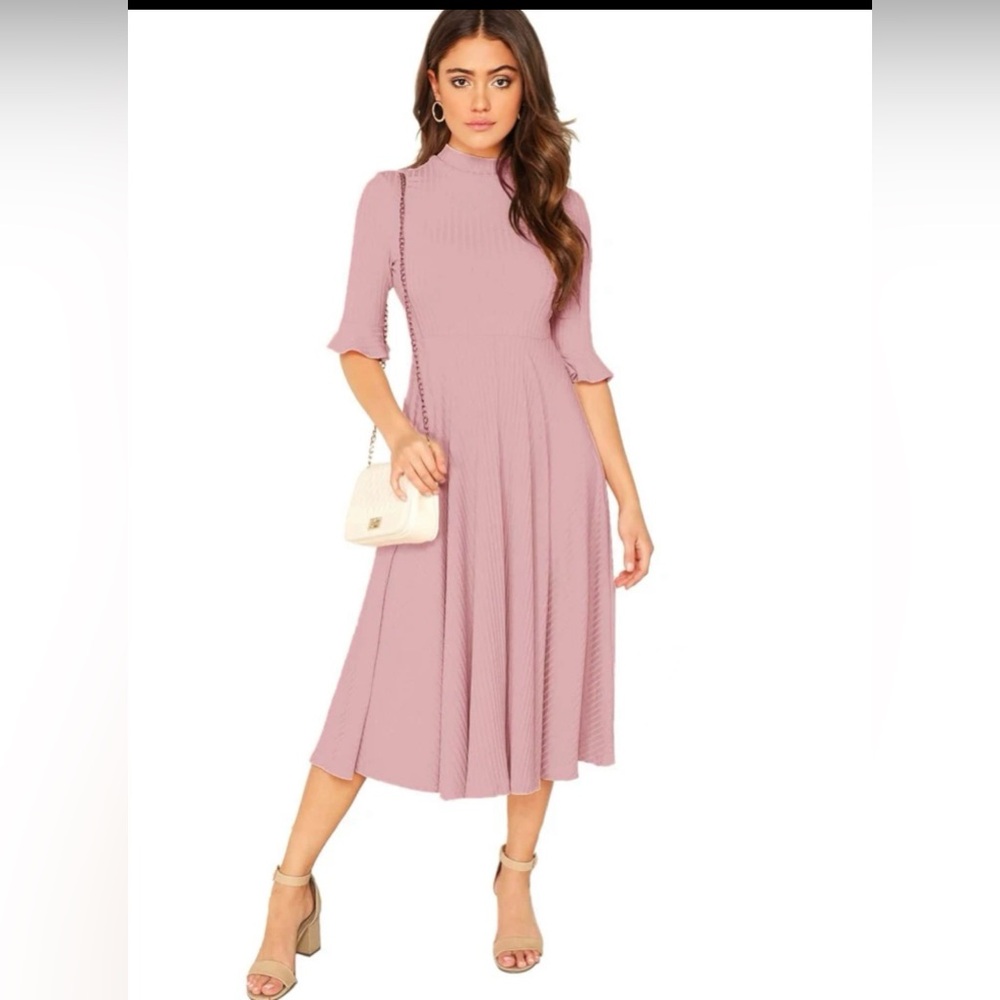SHEIN Clasi Bell Sleeve Ribbed Knit Midi
Dress